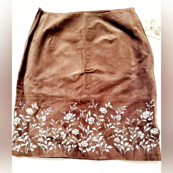 Tyler Boe Women 100% Genuine Suede Leather Skirt Floral Terracotta Cognac/Blue 6 - Picture 14 of 16